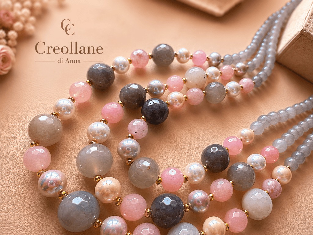 Collane Collana Girocollo Quarzo Rosa, Calcedonio Blu e Perle di Maiorca | Made in Italy - Handmade Made in Italy