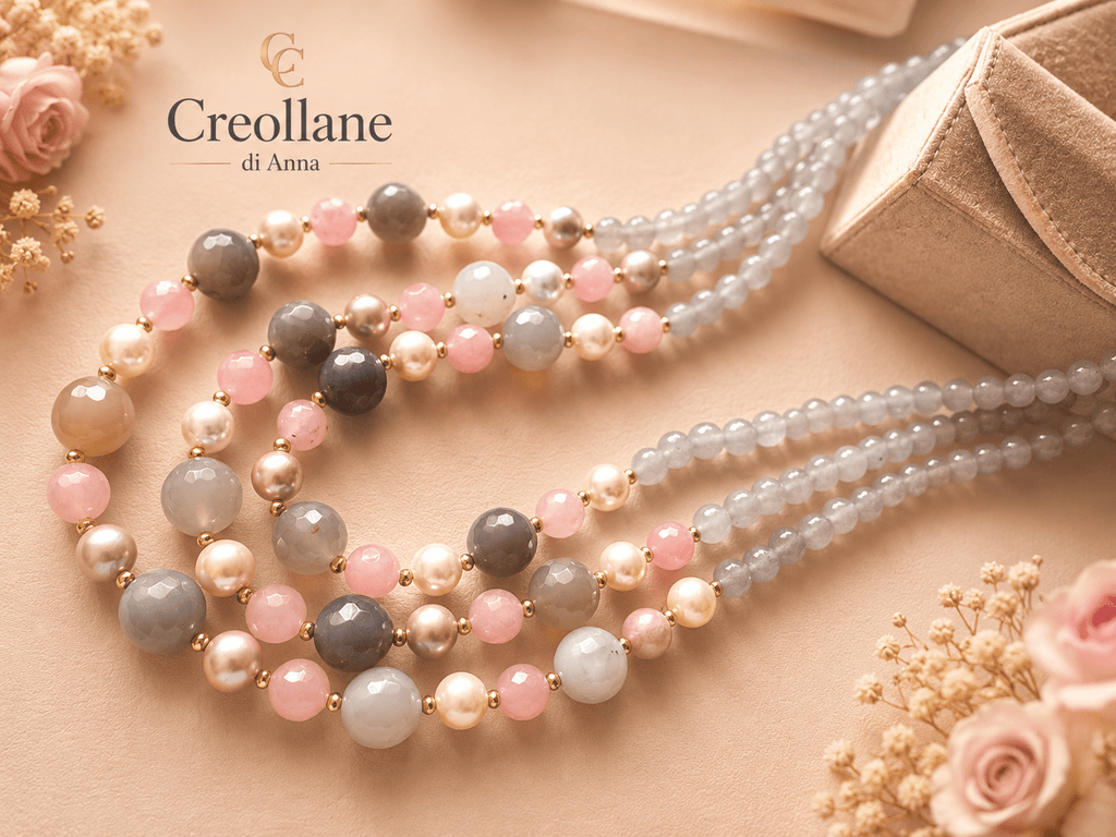 Collane Collana Girocollo Quarzo Rosa, Calcedonio Blu e Perle di Maiorca | Made in Italy - Handmade Made in Italy