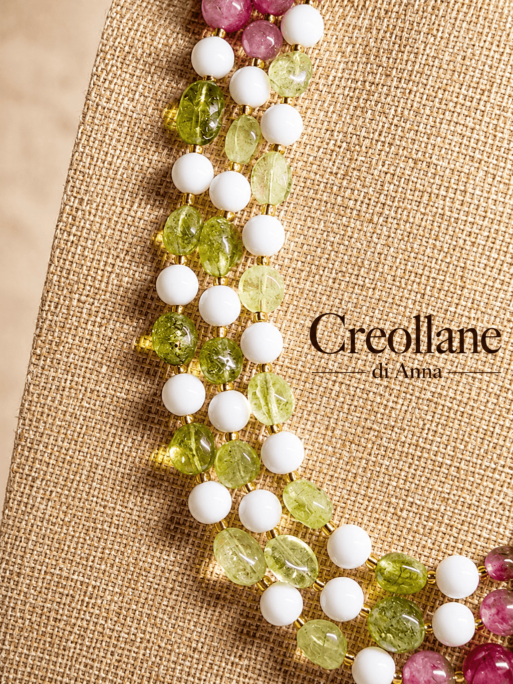 Collane Collana Girocollo Tre Fili Artigianale Handmade | Agata Rosa/Verde, Opale Bianco e Peridoto | Made in Italy - Handmade Made in Italy