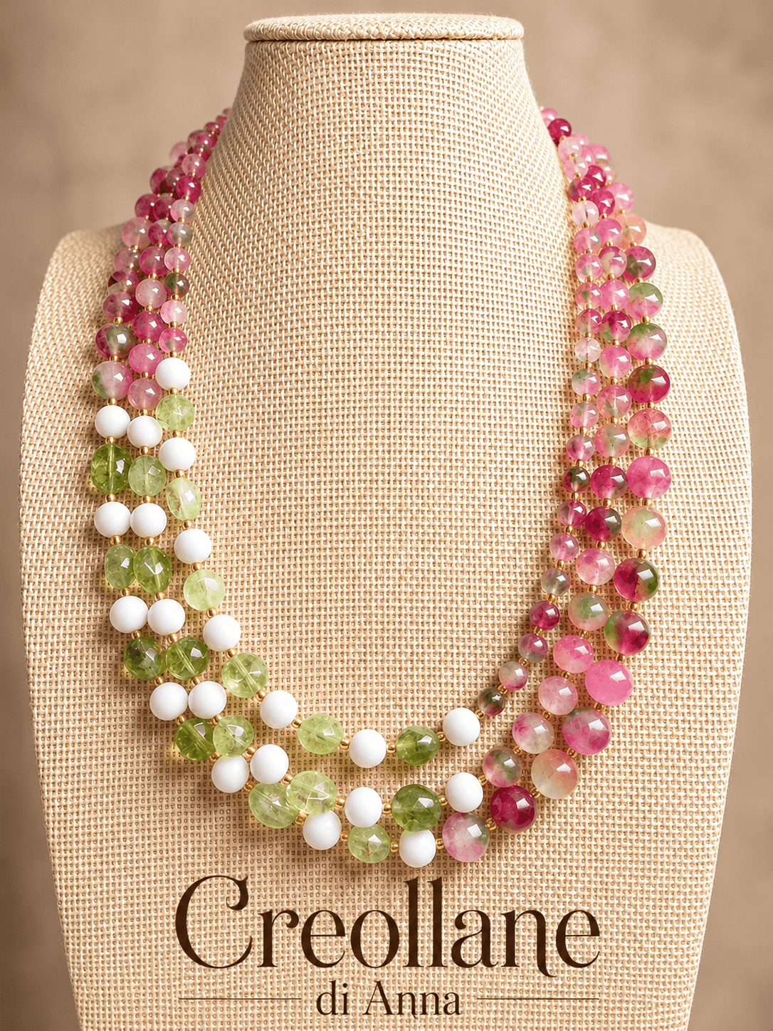 Collane Collana Girocollo Tre Fili Artigianale Handmade | Agata Rosa/Verde, Opale Bianco e Peridoto | Made in Italy - Handmade Made in Italy