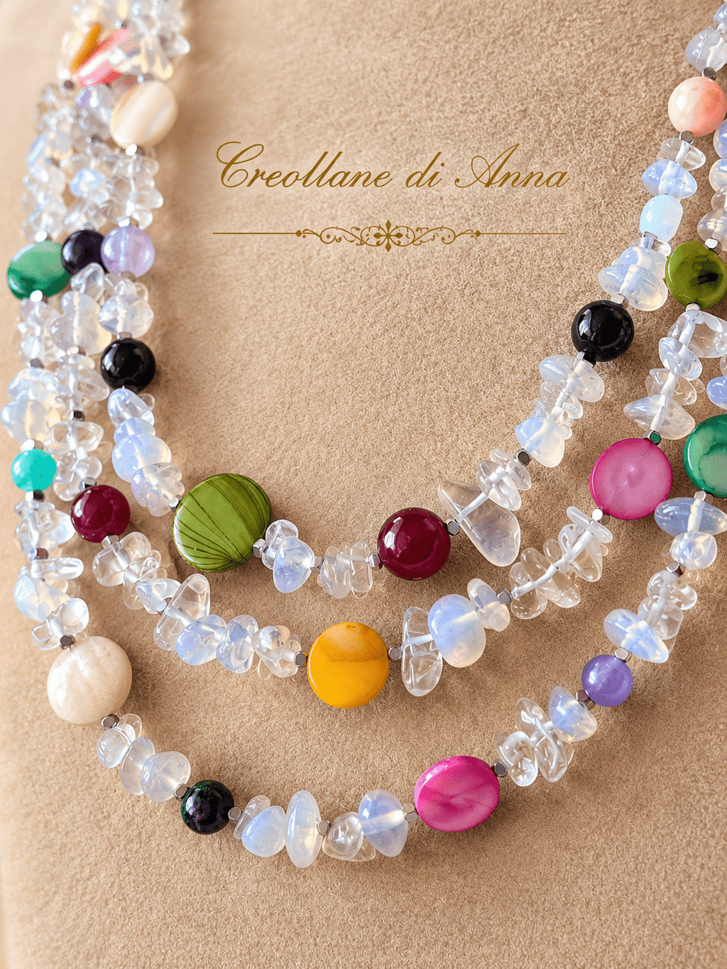 Collane Collana Girocollo Tre Fili Artigianale Handmade | Opalite, Pietre Naturali e Madreperla Multicolore | Made in Italy - Handmade Made in Italy