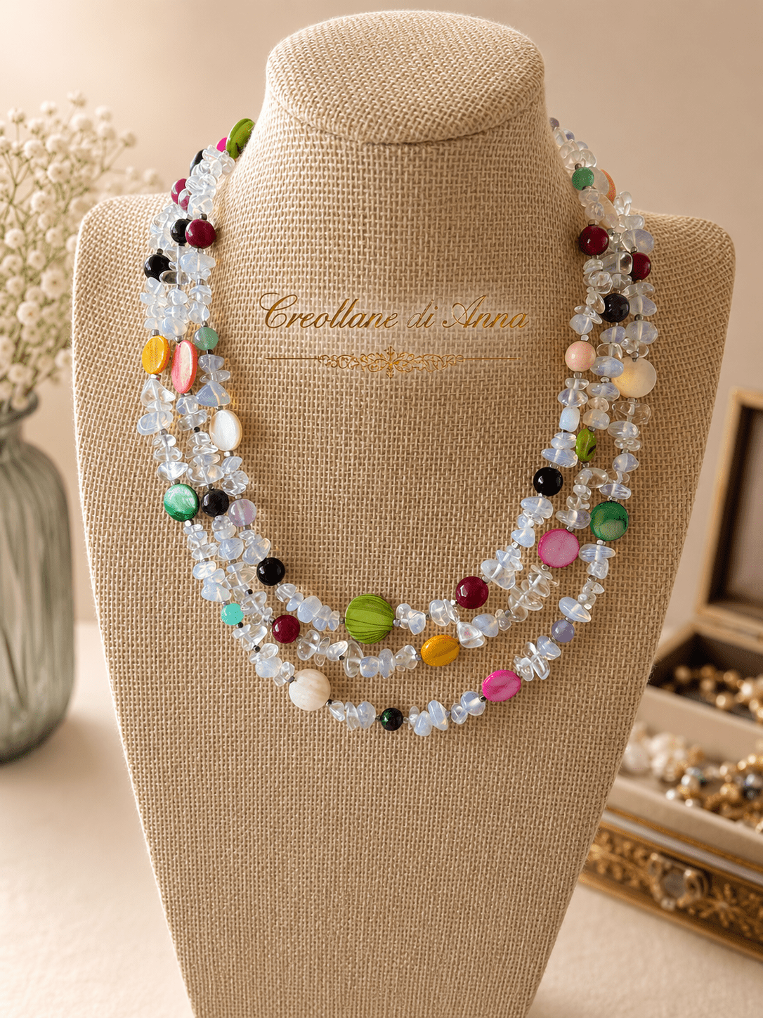 Collane Collana Girocollo Tre Fili Artigianale Handmade | Opalite, Pietre Naturali e Madreperla Multicolore | Made in Italy - Handmade Made in Italy