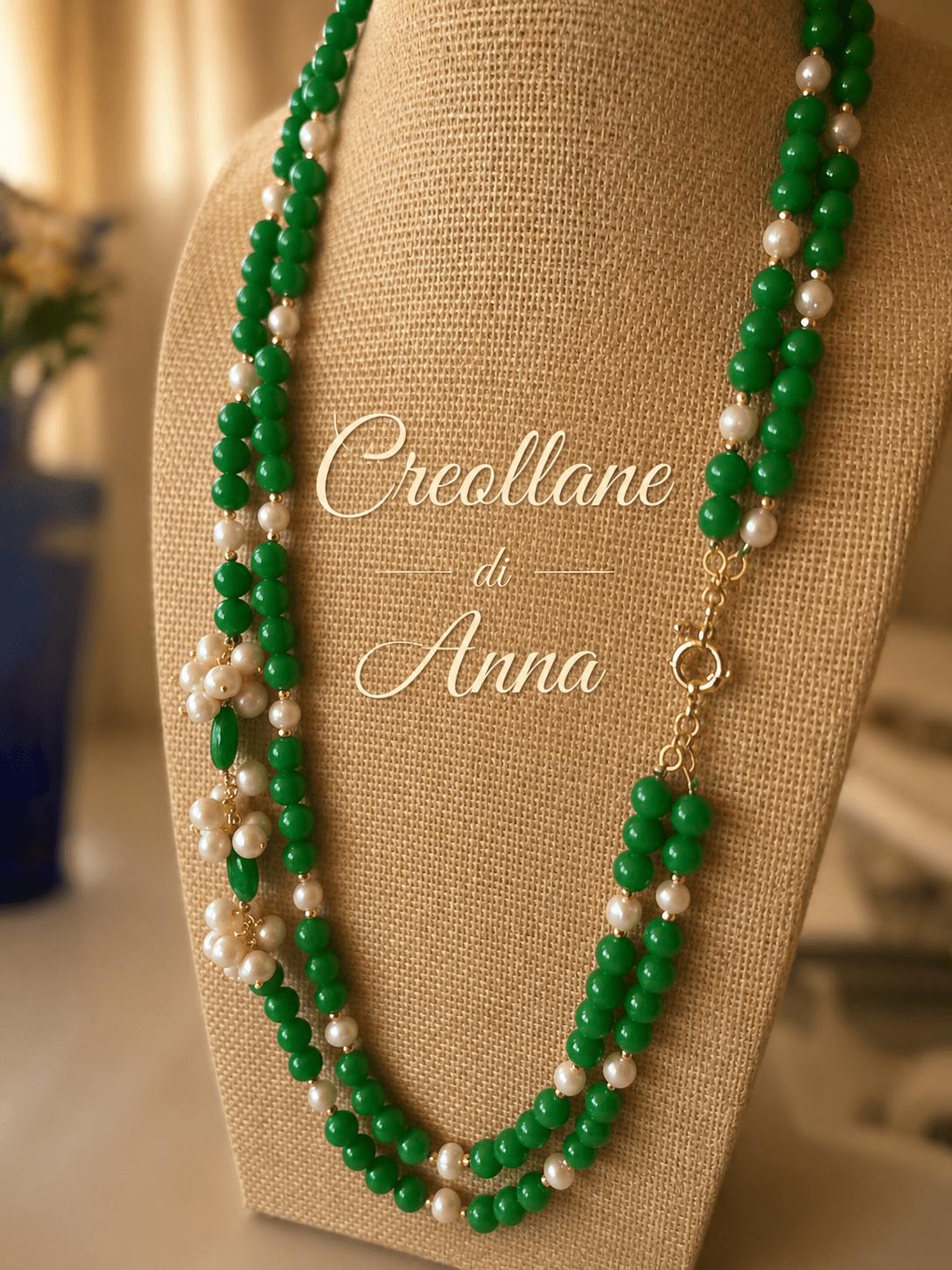 Collane Collana Lunga a Due Fili in Giada Naturale e Perle | Verde, Oro | Made in Italy - Handmade Made in Italy