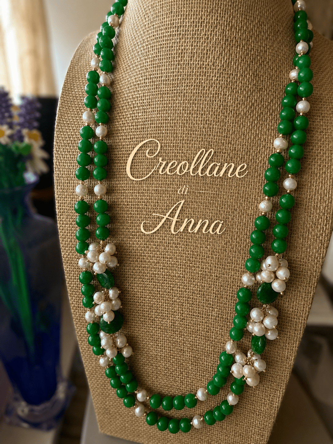 Collane Collana Lunga a Due Fili in Giada Naturale e Perle | Verde, Oro | Made in Italy - Handmade Made in Italy