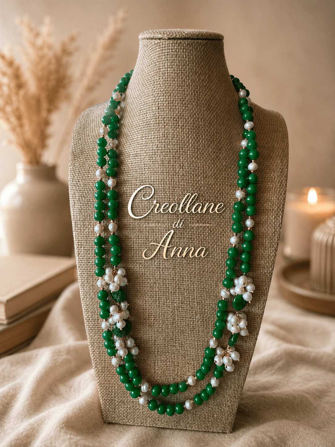 Collane Collana Lunga a Due Fili in Giada Naturale e Perle | Verde, Oro | Made in Italy - Handmade Made in Italy