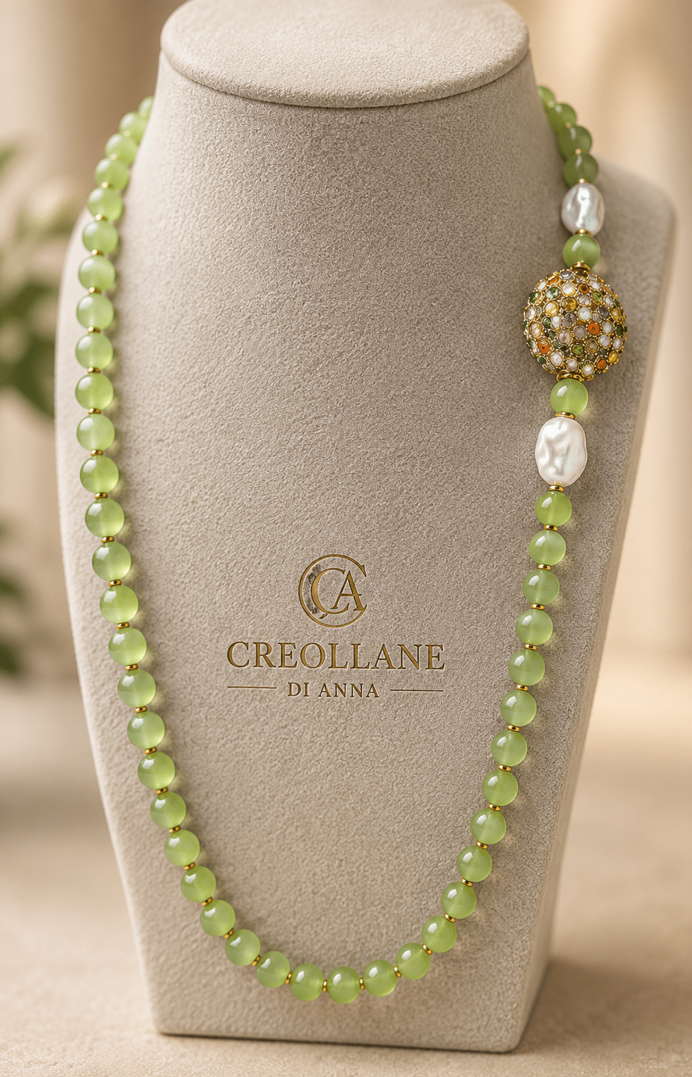 Collane Collana Lunga Artigianale Handmade | Occhio di Gatto Verde, Filigrana con Zirconi Multicolore e Perle | Made in Italy - Handmade Made in Italy