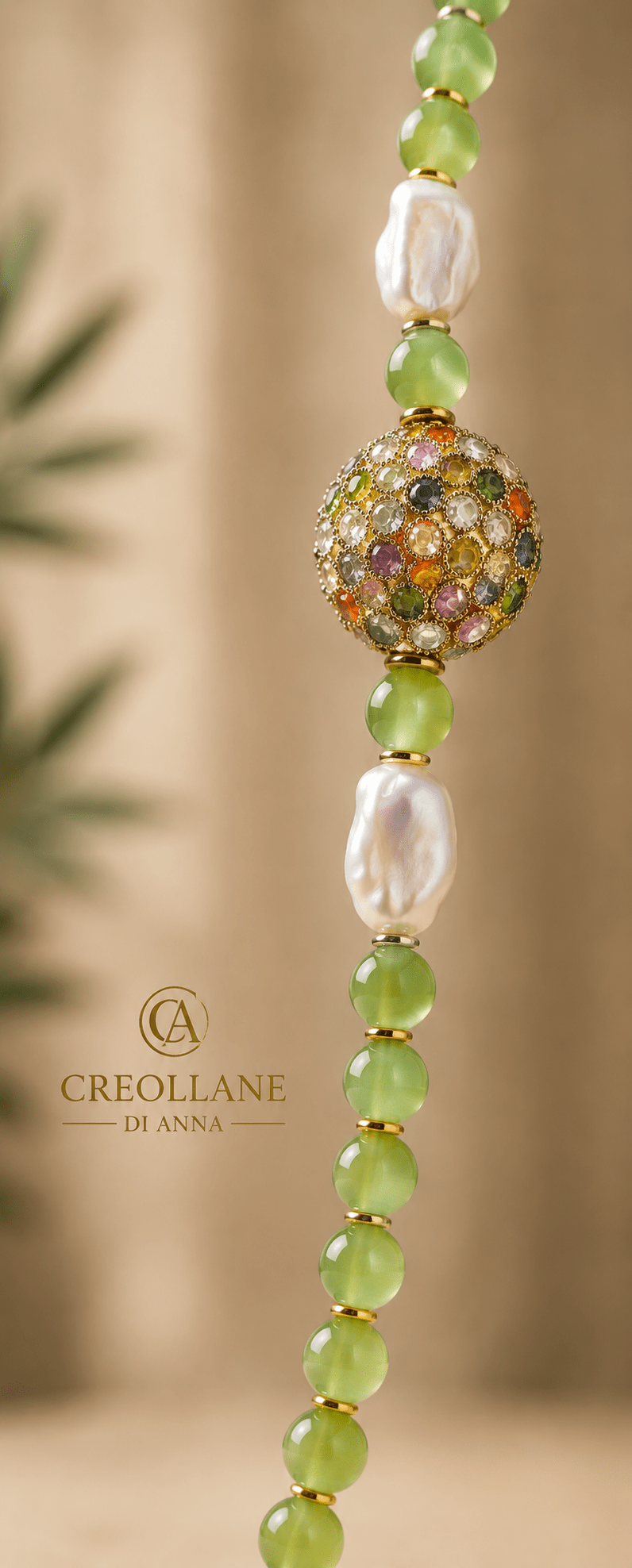 Collane Collana Lunga Artigianale Handmade | Occhio di Gatto Verde, Filigrana con Zirconi Multicolore e Perle | Made in Italy - Handmade Made in Italy