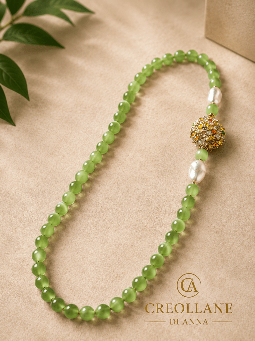 Collane Collana Lunga Artigianale Handmade | Occhio di Gatto Verde, Filigrana con Zirconi Multicolore e Perle | Made in Italy - Handmade Made in Italy