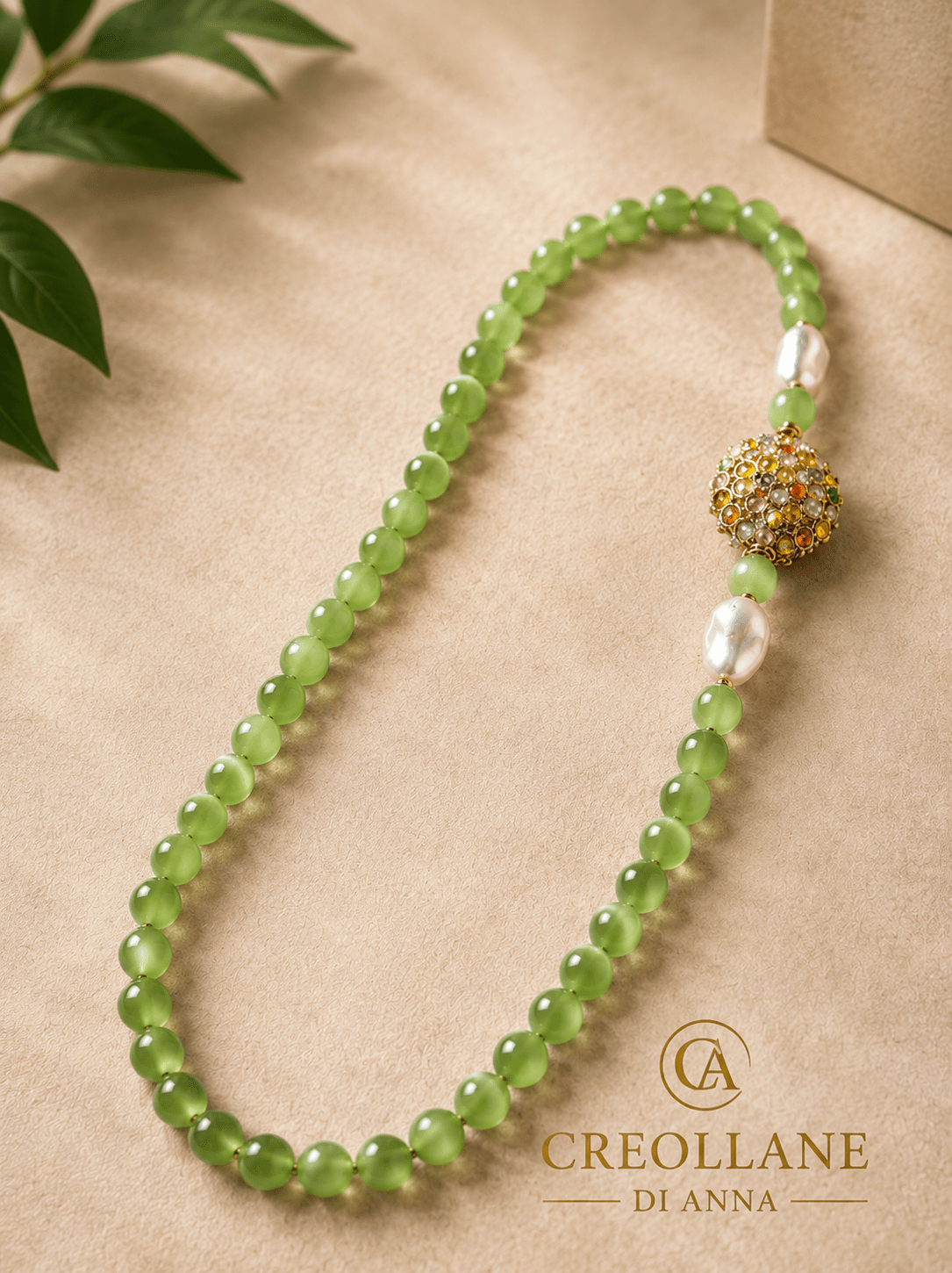 Collane Collana Lunga Artigianale Handmade | Occhio di Gatto Verde, Filigrana con Zirconi Multicolore e Perle | Made in Italy - Handmade Made in Italy