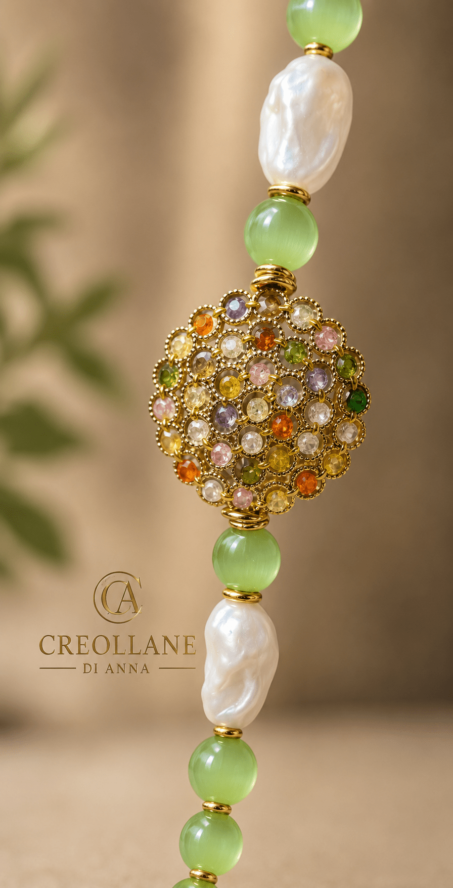 Collane Collana Lunga Artigianale Handmade | Occhio di Gatto Verde, Filigrana con Zirconi Multicolore e Perle | Made in Italy - Handmade Made in Italy