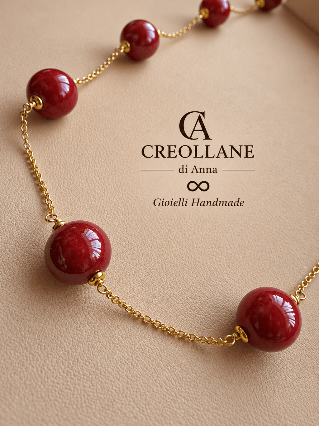Collane Collana Lunga in Catena Maglia Fine con Sfere in Ceramica Rossa | Made in Italy - Handmade Made in Italy