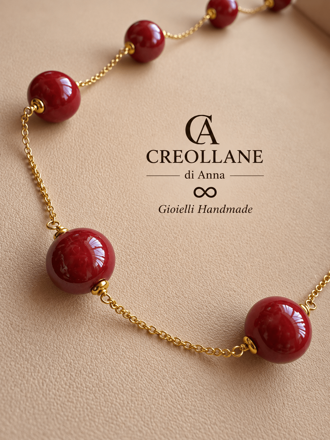 Collane Collana Lunga in Catena Maglia Fine con Sfere in Ceramica Rossa | Made in Italy - Handmade Made in Italy