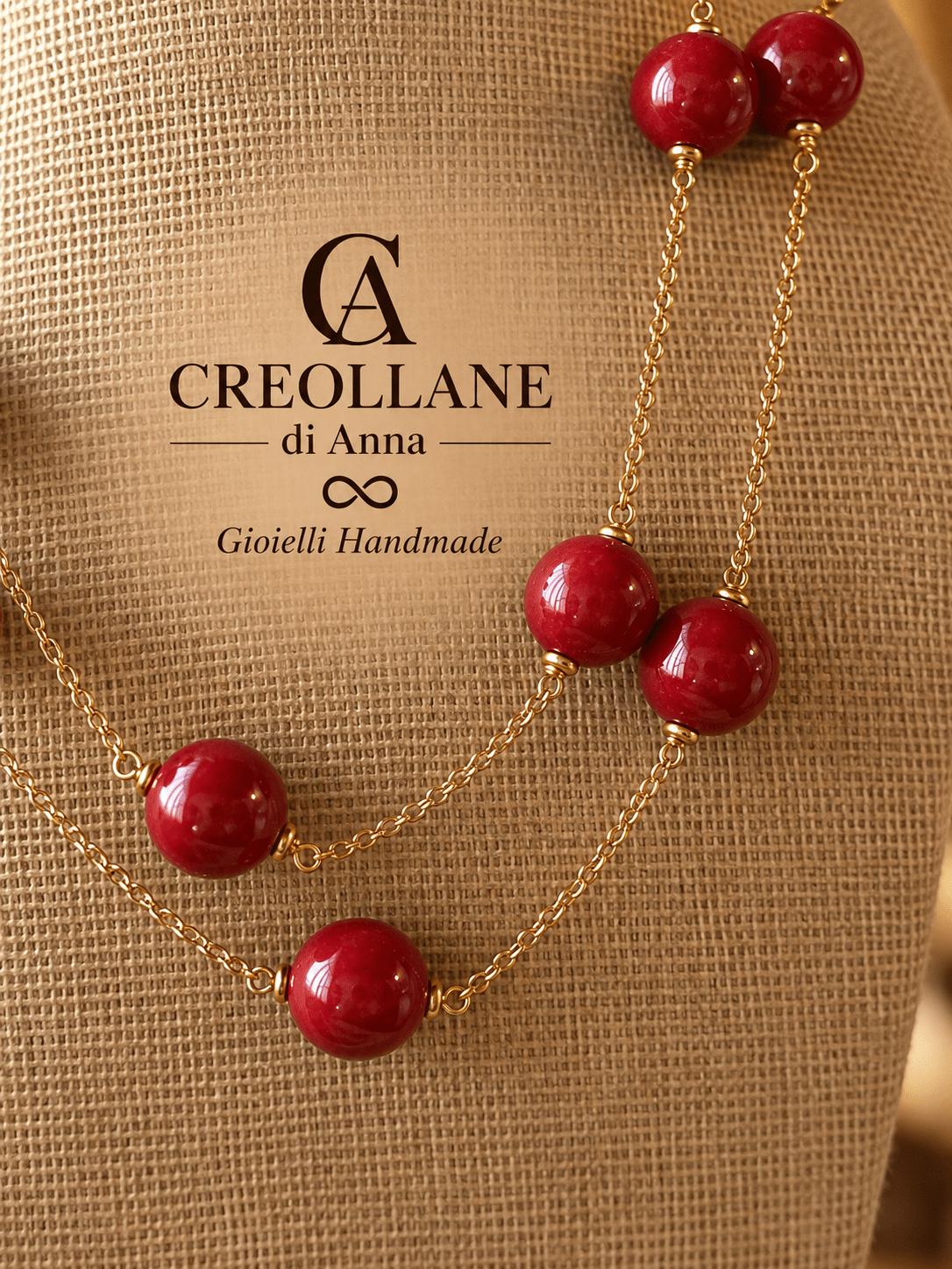 Collane Collana Lunga in Catena Maglia Fine con Sfere in Ceramica Rossa | Made in Italy - Handmade Made in Italy