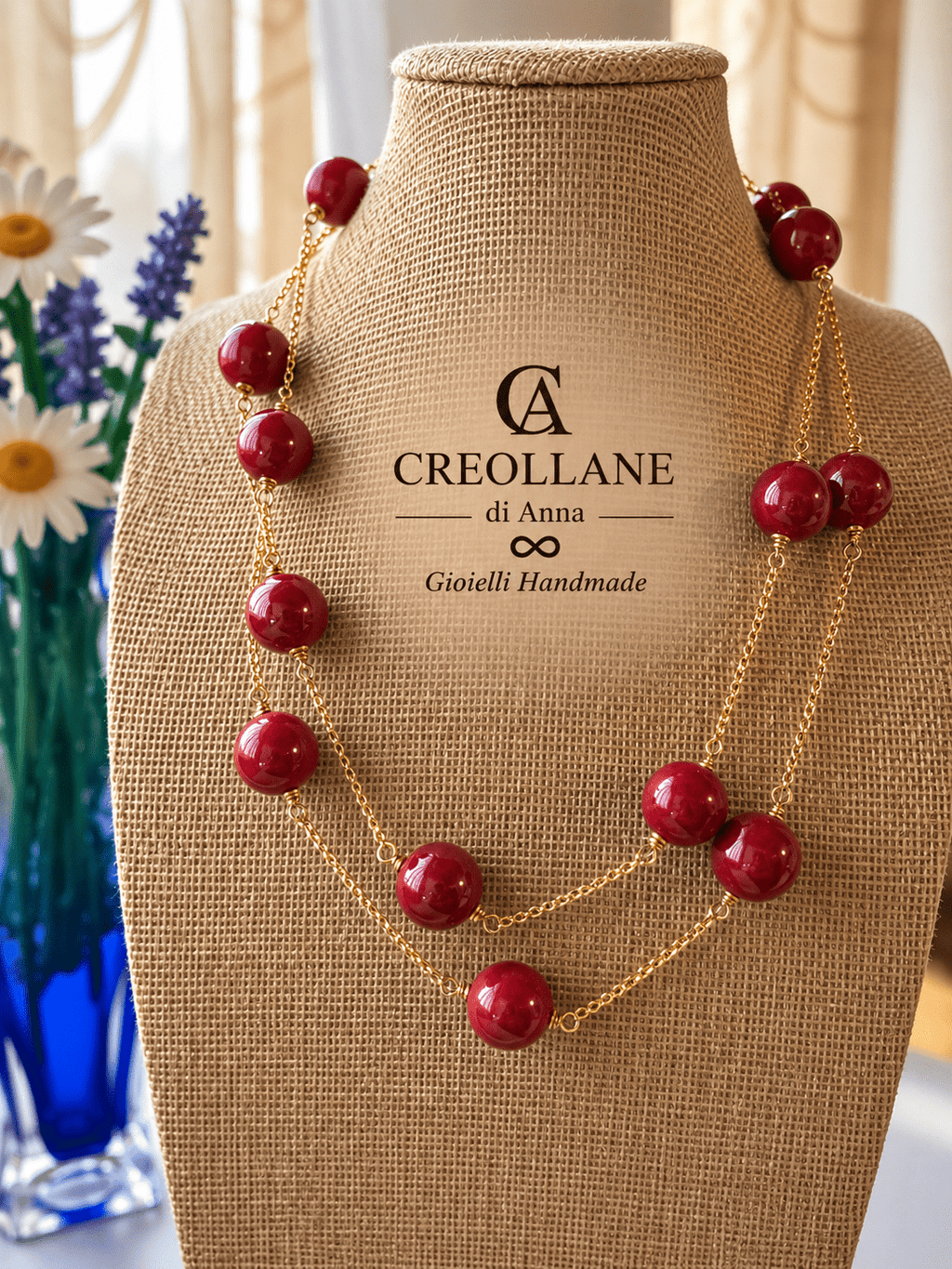 Collane Collana Lunga in Catena Maglia Fine con Sfere in Ceramica Rossa | Made in Italy - Handmade Made in Italy