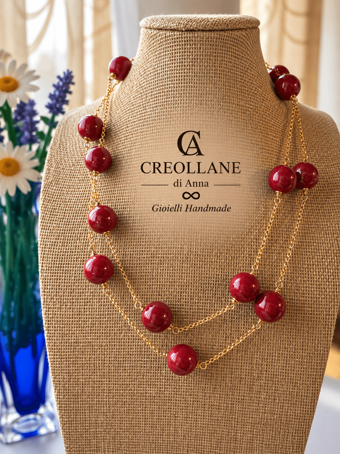 Collane Collana Lunga in Catena Maglia Fine con Sfere in Ceramica Rossa | Made in Italy - Handmade Made in Italy