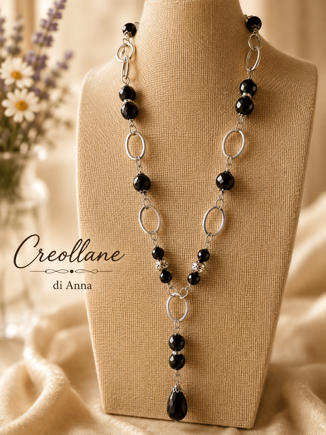 Collane Collana Lunga Onice Nero e Pietra Lavica Silver con Cristalli | Made in Italy - Handmade Made in Italy