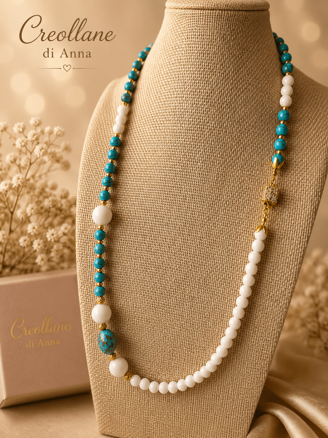 Collane Collana Lunga Pietre Naturali – Agata Bianca, Ematite e Turchinite | Made in Italy - Handmade Made in Italy