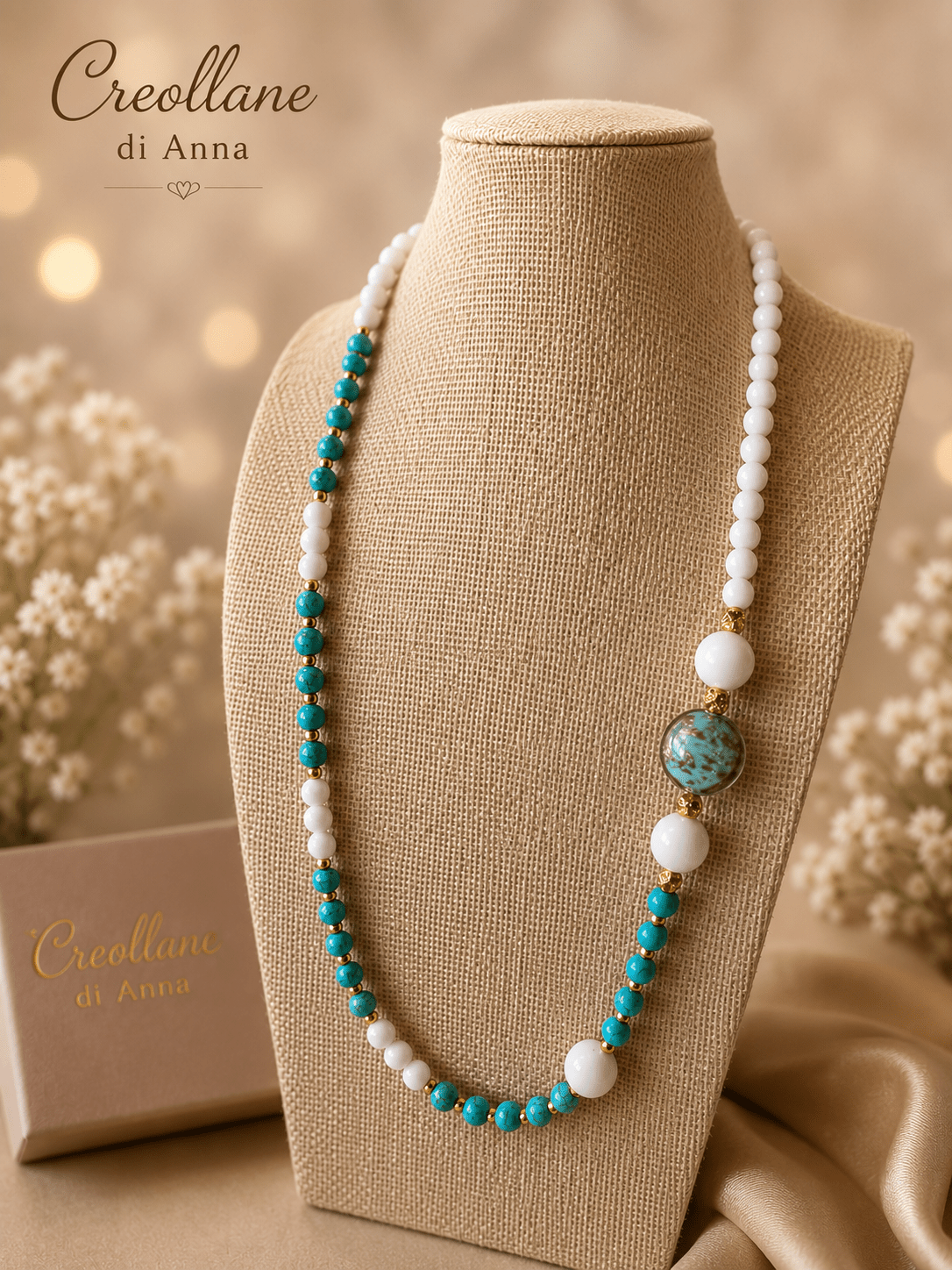 Collane Collana Lunga Pietre Naturali – Agata Bianca, Ematite e Turchinite | Made in Italy - Handmade Made in Italy