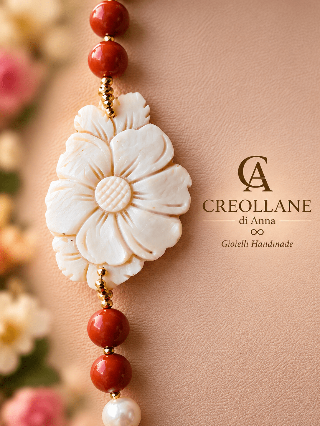 Collane Collana Monofilo Pasta di Corallo Sardegna, Perle e Cameo Fiore | Made in Italy - Handmade Made in Italy