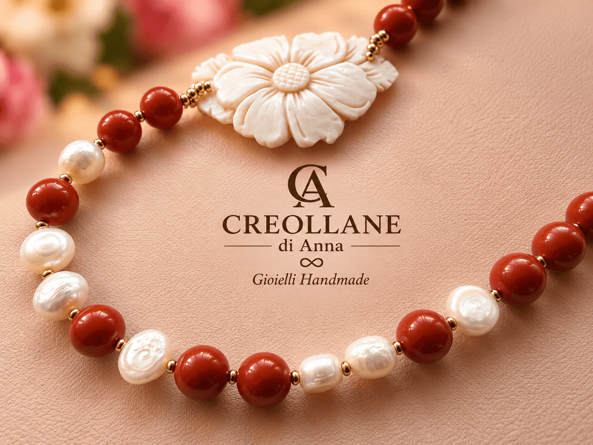 Collane Collana Monofilo Pasta di Corallo Sardegna, Perle e Cameo Fiore | Made in Italy - Handmade Made in Italy