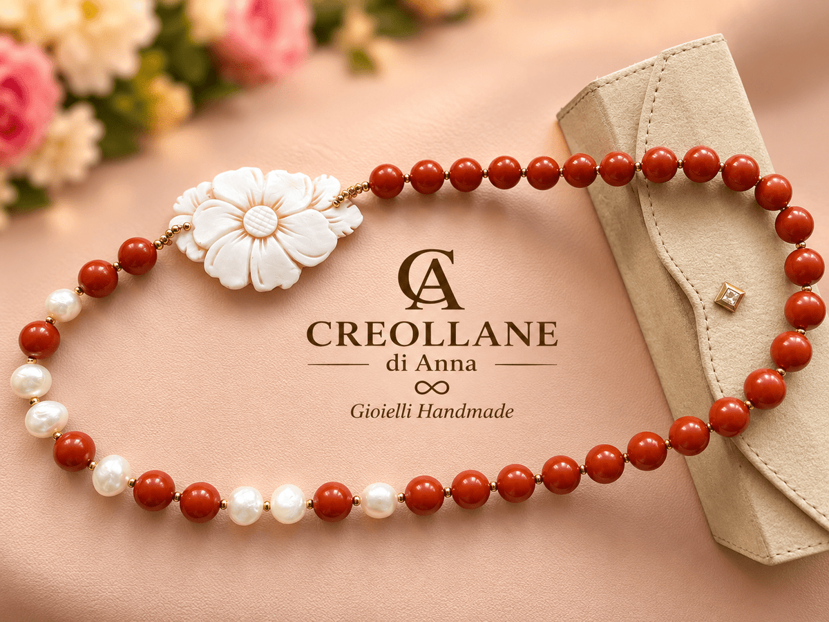 Collane Collana Monofilo Pasta di Corallo Sardegna, Perle e Cameo Fiore | Made in Italy - Handmade Made in Italy