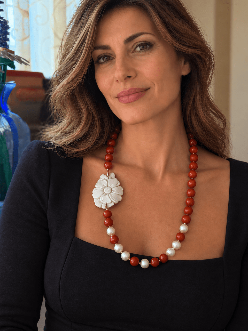 Collane Collana Monofilo Pasta di Corallo Sardegna, Perle e Cameo Fiore | Made in Italy - Handmade Made in Italy