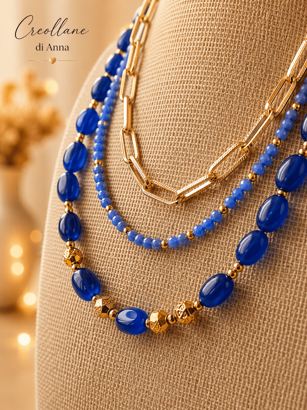 Collana Multifilo Girocollo Tre Fili con Pietre Naturali | Viola, Bianco, Azzurro, Blu, Rosa | Made in Italy