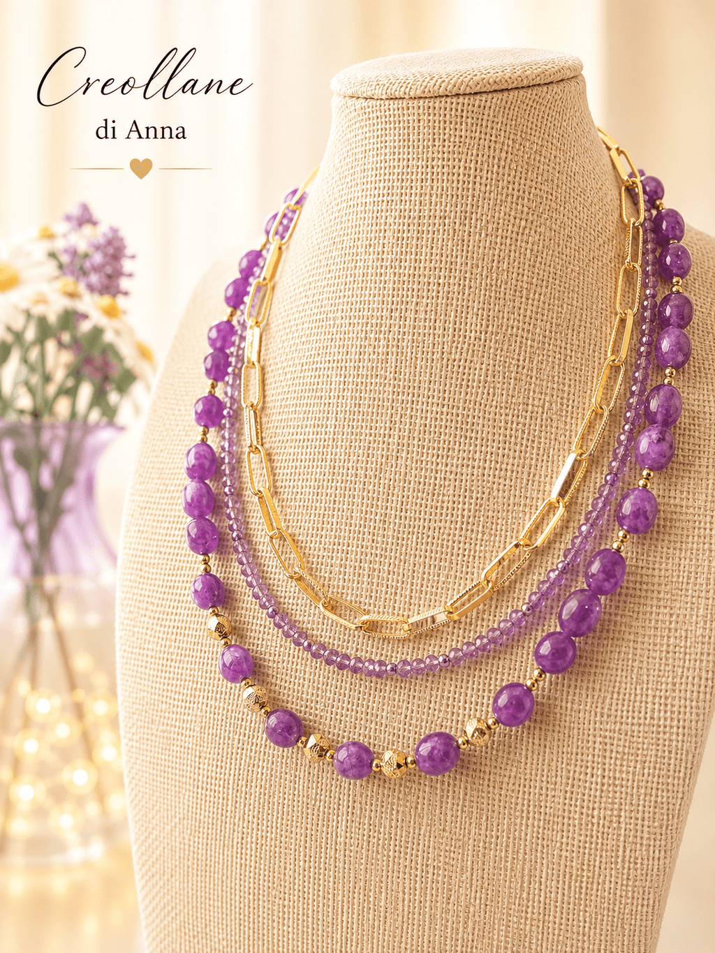 Collana Multifilo Girocollo Tre Fili con Pietre Naturali | Viola, Bianco, Azzurro, Blu, Rosa | Made in Italy