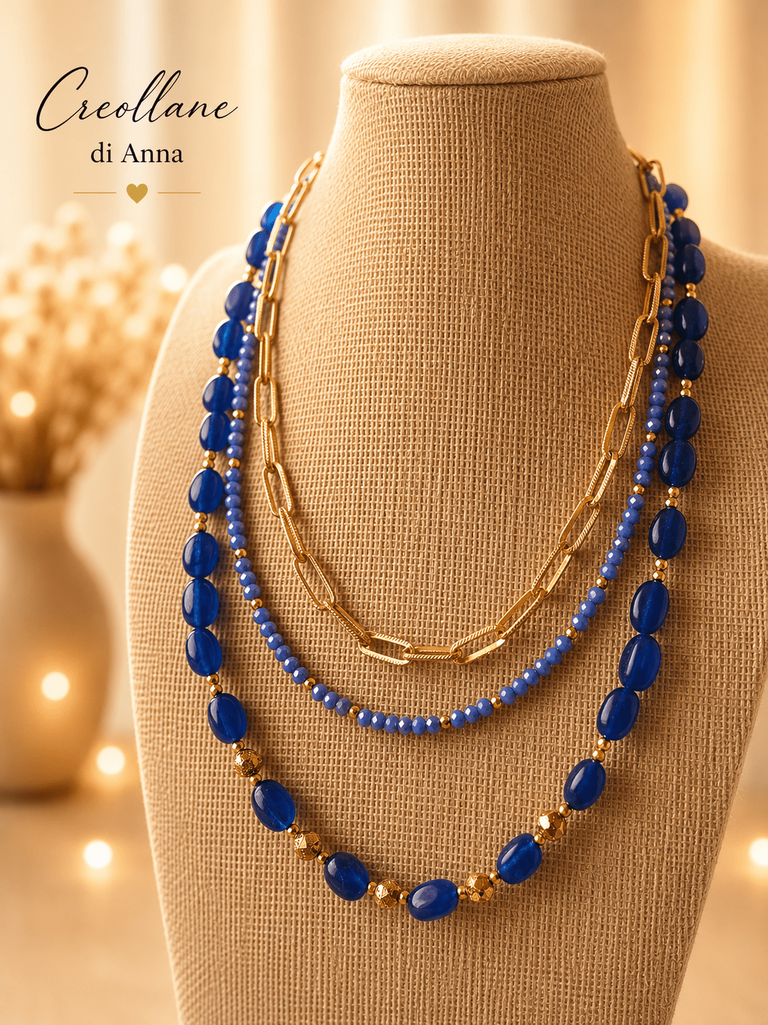 Collana Multifilo Girocollo Tre Fili con Pietre Naturali | Viola, Bianco, Azzurro, Blu, Rosa | Made in Italy