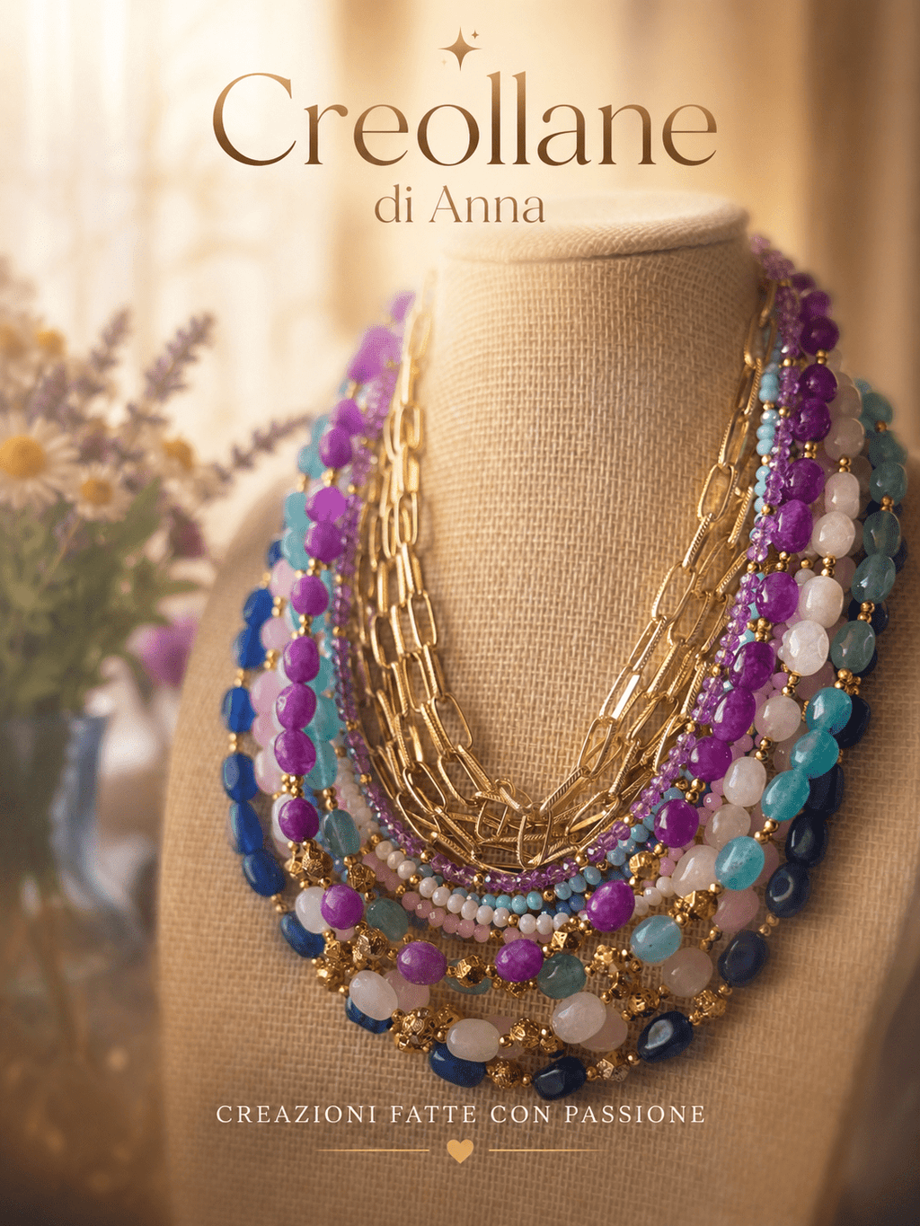 Collana Multifilo Girocollo Tre Fili con Pietre Naturali | Viola, Bianco, Azzurro, Blu, Rosa | Made in Italy