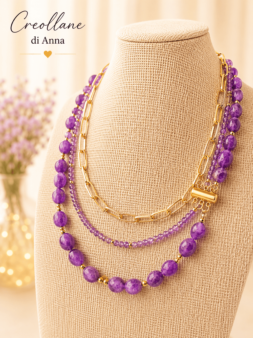 Collana Multifilo Girocollo Tre Fili con Pietre Naturali | Viola, Bianco, Azzurro, Blu, Rosa | Made in Italymade Made in Italy