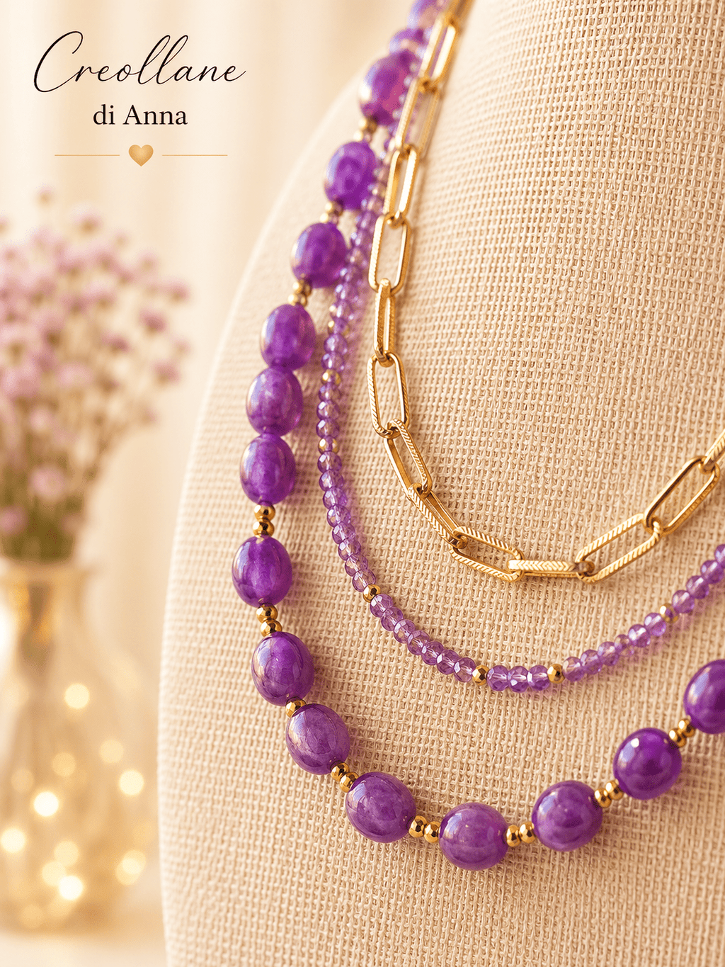 Collana Multifilo Girocollo Tre Fili con Pietre Naturali | Viola, Bianco, Azzurro, Blu, Rosa | Made in Italy