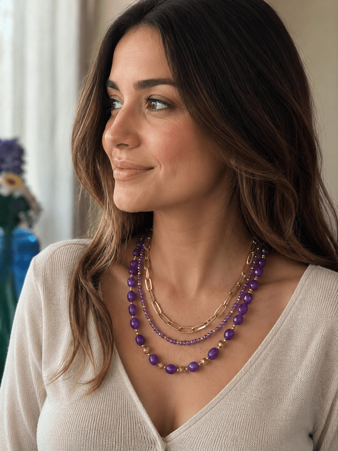 Collane Collana Multifilo a Girocollo Tre Fili con Pietre Naturali | Viola, Bianco, Azzurro, Blu, Rosa | Made in Italy - Handmade Made in Italy