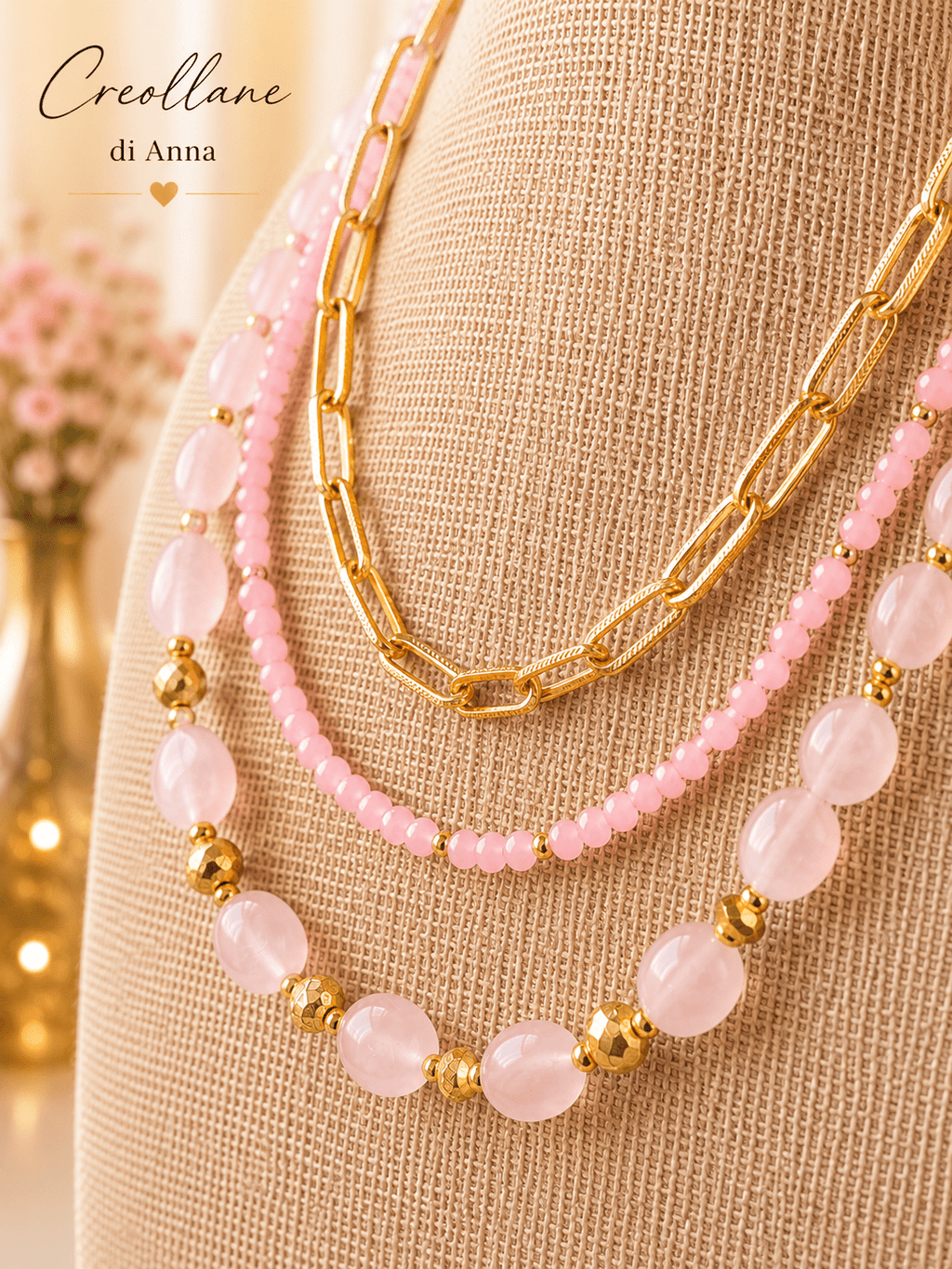 Collana Multifilo Girocollo Tre Fili con Pietre Naturali | Viola, Bianco, Azzurro, Blu, Rosa | Made in Italy