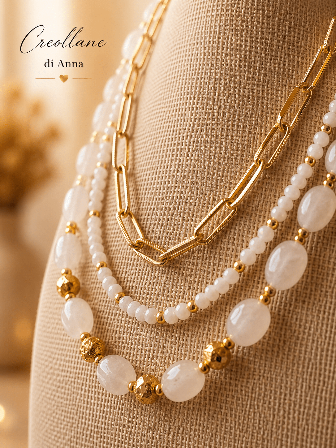 Collana Multifilo Girocollo Tre Fili con Pietre Naturali | Viola, Bianco, Azzurro, Blu, Rosa | Made in Italy