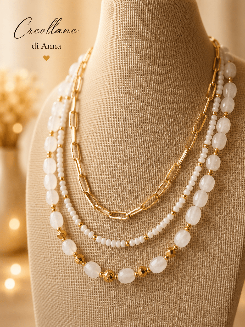 Collana Multifilo Girocollo Tre Fili con Pietre Naturali | Viola, Bianco, Azzurro, Blu, Rosa | Made in Italy