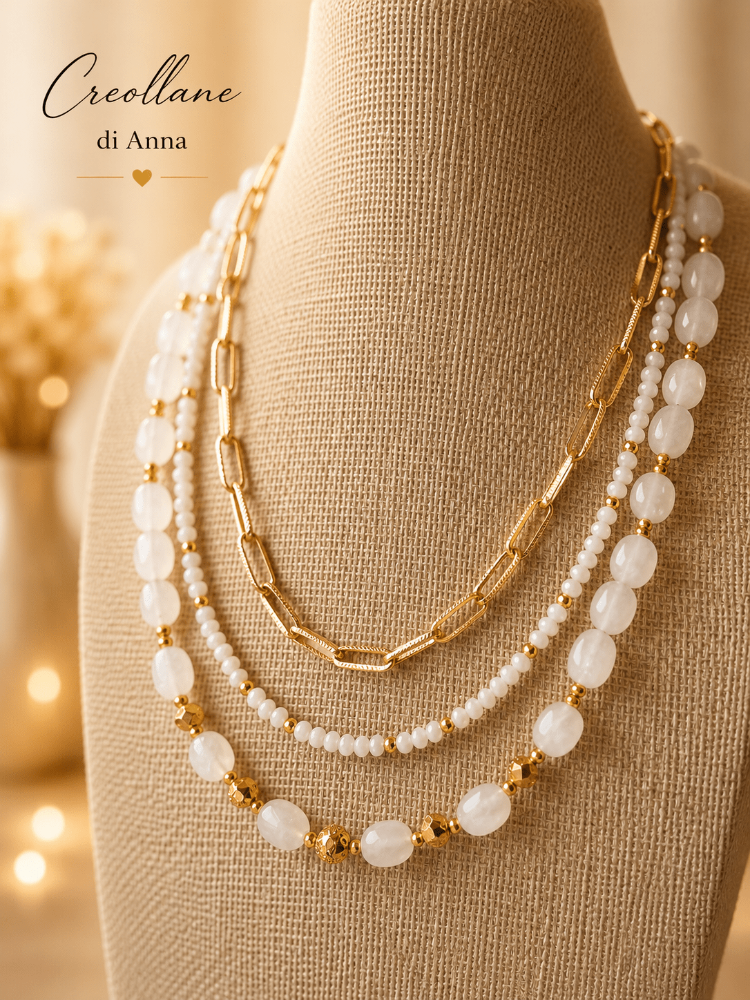 Collana Multifilo Girocollo Tre Fili con Pietre Naturali | Viola, Bianco, Azzurro, Blu, Rosa | Made in Italy