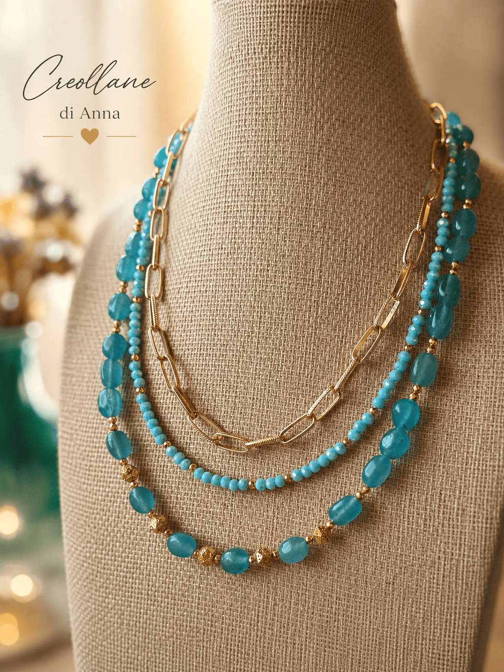 Collana Multifilo Girocollo Tre Fili con Pietre Naturali | Viola, Bianco, Azzurro, Blu, Rosa | Made in Italy