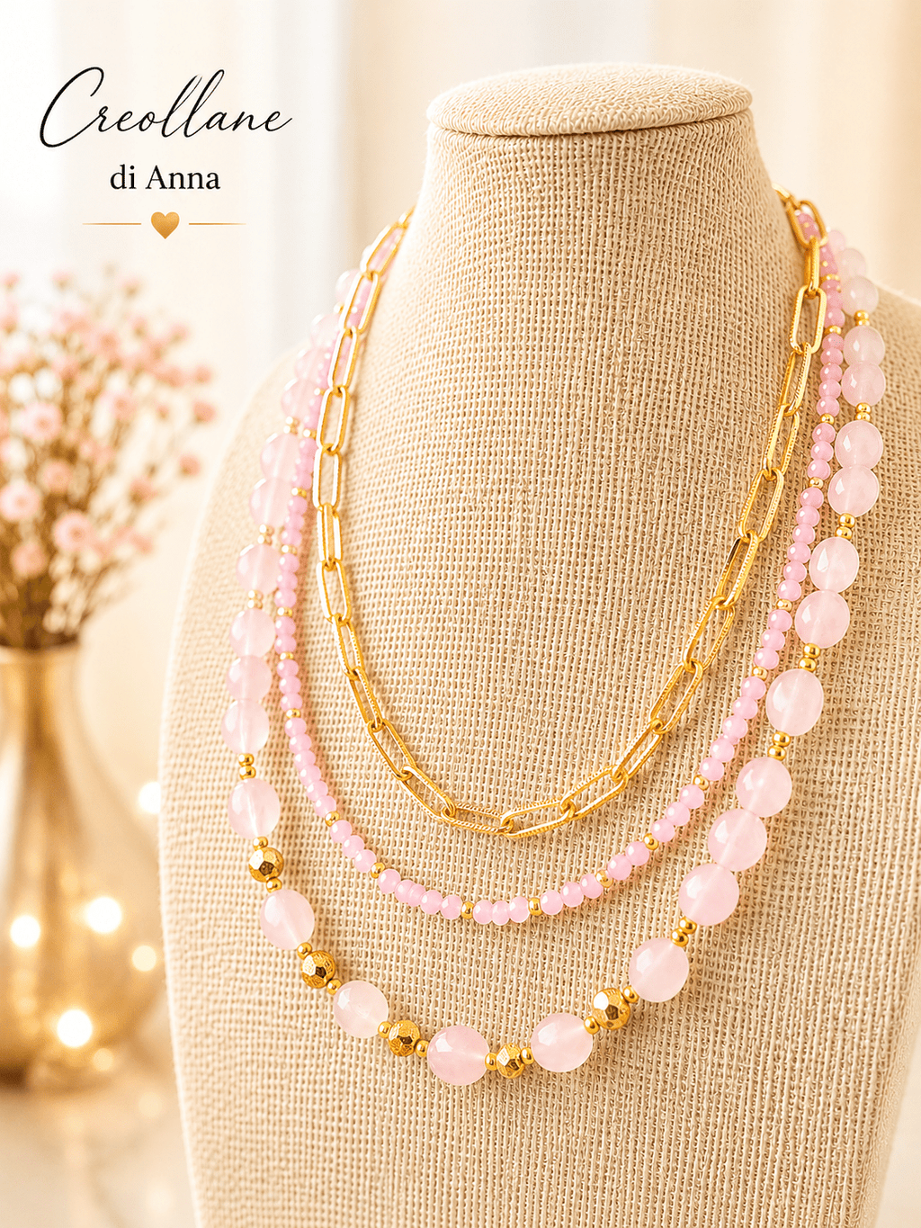 Collana Multifilo Girocollo Tre Fili con Pietre Naturali | Viola, Bianco, Azzurro, Blu, Rosa | Made in Italy