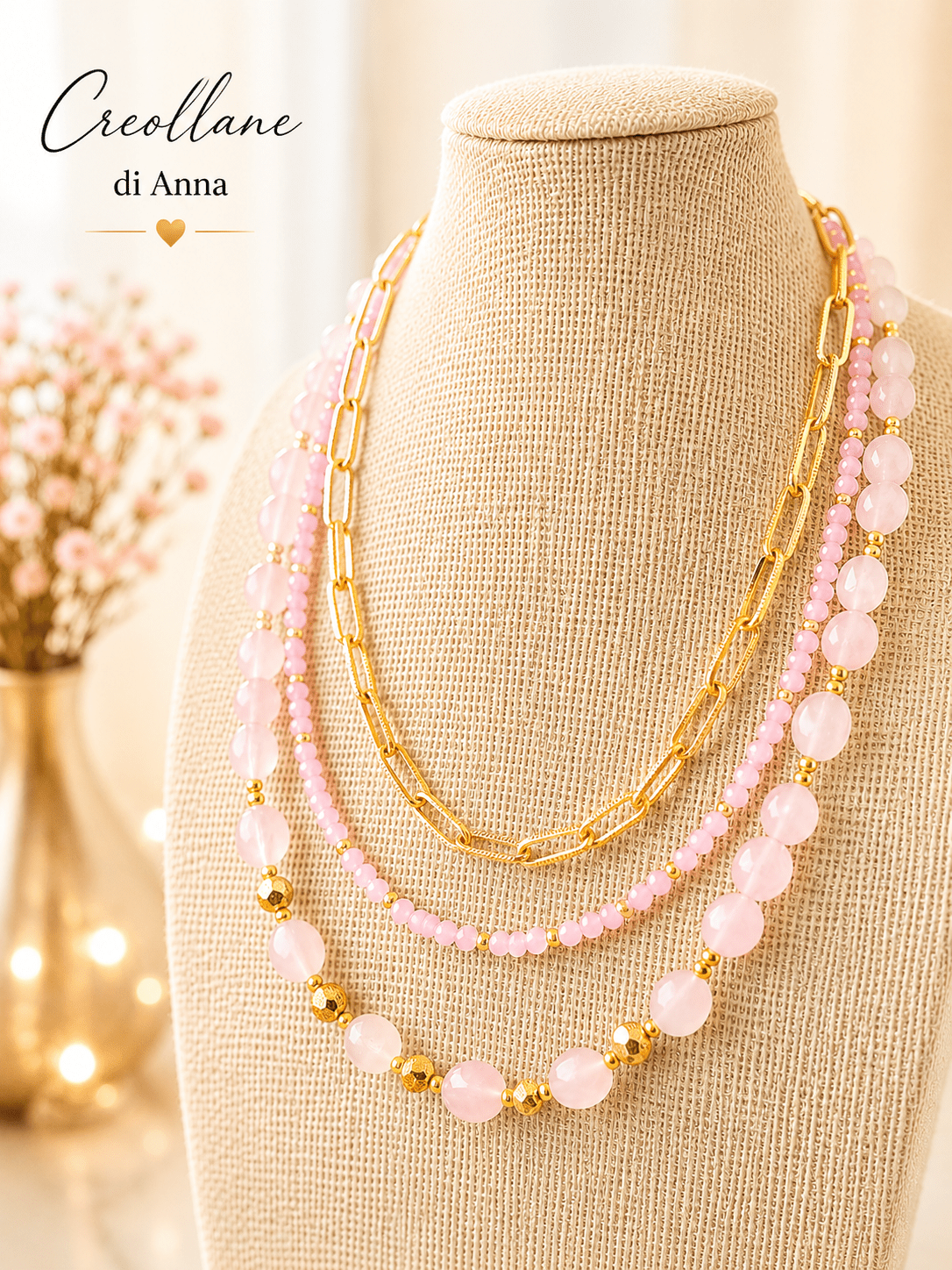 Collana Multifilo Girocollo Tre Fili con Pietre Naturali | Viola, Bianco, Azzurro, Blu, Rosa | Made in Italy
