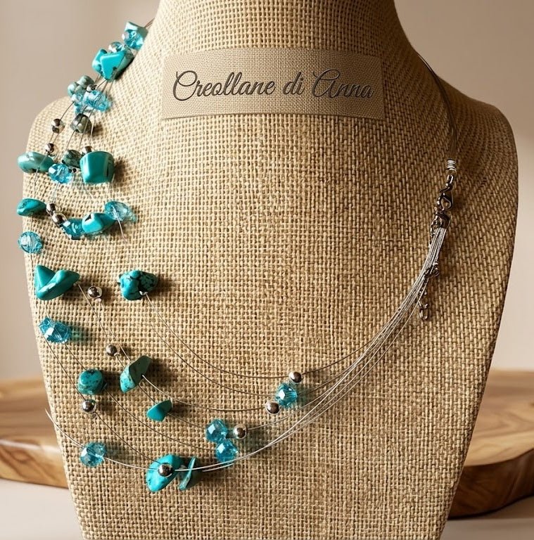 Collane Collana Multifilo Artigianale Handmade | Acciaio, Chips di Pasta di Turchese e Cristalli | Made in Italy - Handmade Made in Italy