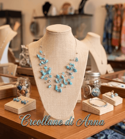 Collana Multifilo Artigianale | Acciaio, Chips di Pasta di Turchese e Cristalli | Made in Italy