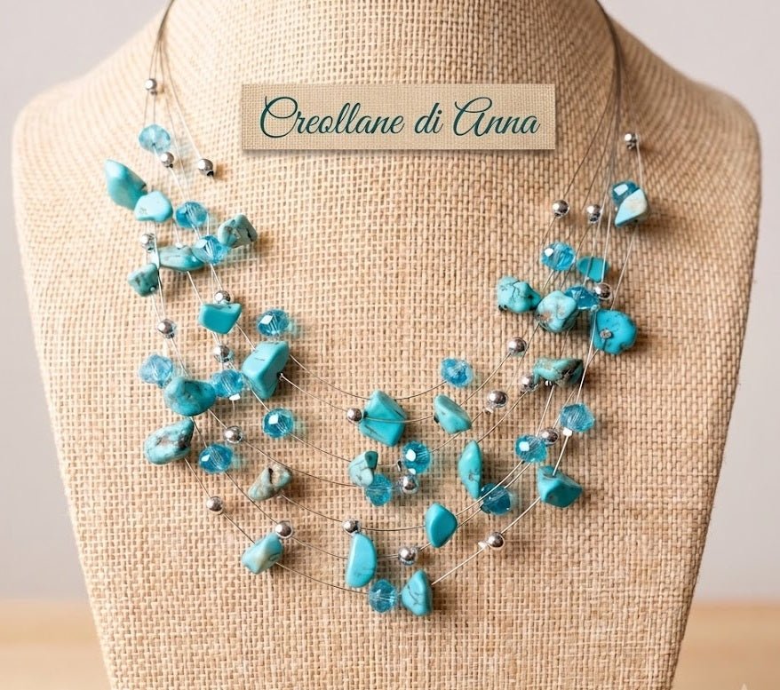 Collane Collana Multifilo Artigianale Handmade | Acciaio, Chips di Pasta di Turchese e Cristalli | Made in Italy - Handmade Made in Italy