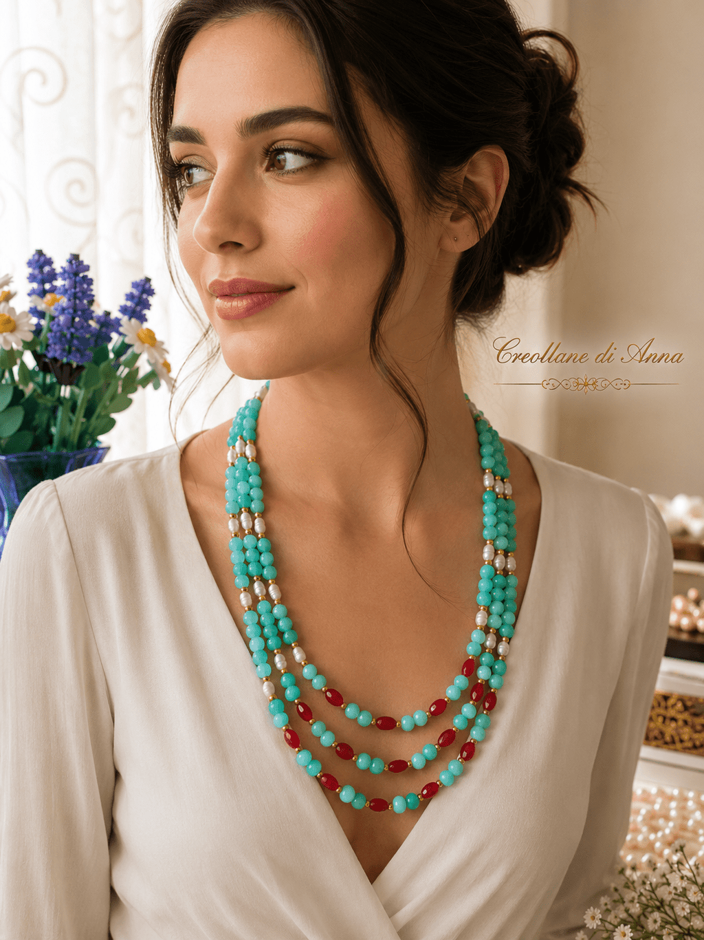 Collane Collana Multifilo Artigianale Handmade | Crisoprasio, Radice di Rubino, Occhio di Gatto e Perle di Fiume | Made in Italy - Handmade Made in Italy