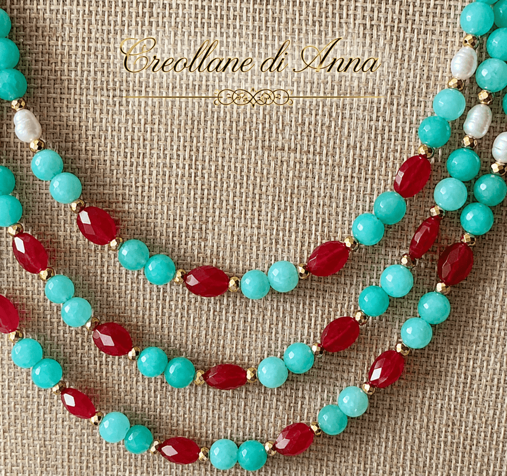 Collane Collana Multifilo Artigianale Handmade | Crisoprasio, Radice di Rubino, Occhio di Gatto e Perle di Fiume | Made in Italy - Handmade Made in Italy