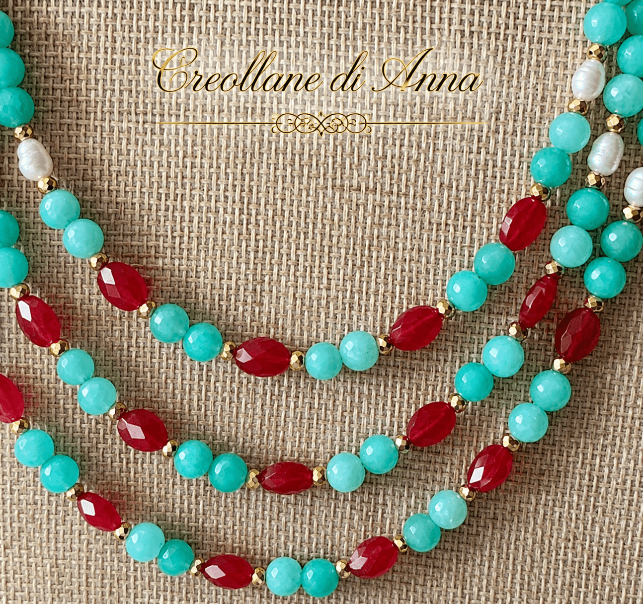 Collane Collana Multifilo Artigianale Handmade | Crisoprasio, Radice di Rubino, Occhio di Gatto e Perle di Fiume | Made in Italy - Handmade Made in Italy