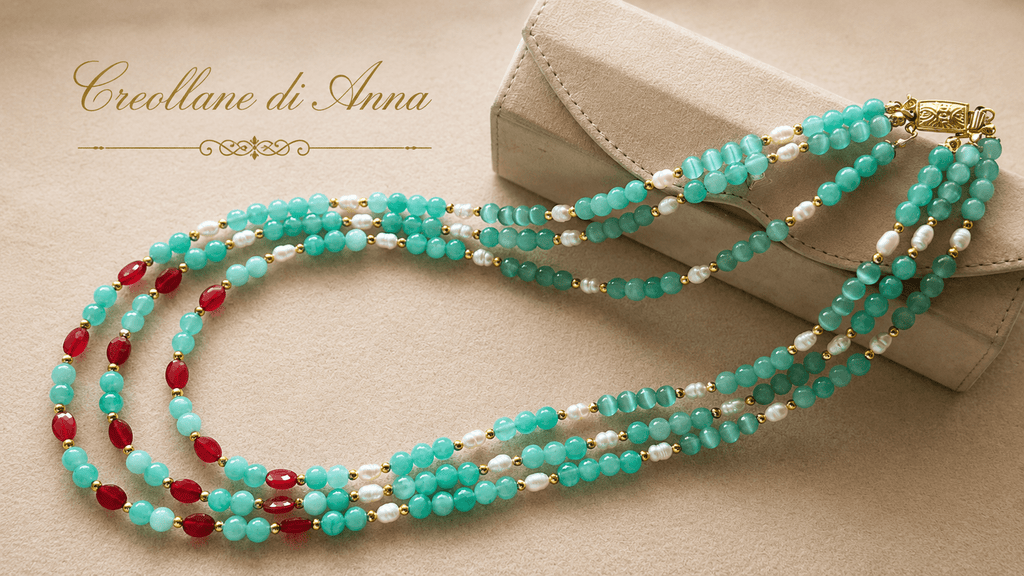 Collane Collana Multifilo Artigianale Handmade | Crisoprasio, Radice di Rubino, Occhio di Gatto e Perle di Fiume | Made in Italy - Handmade Made in Italy