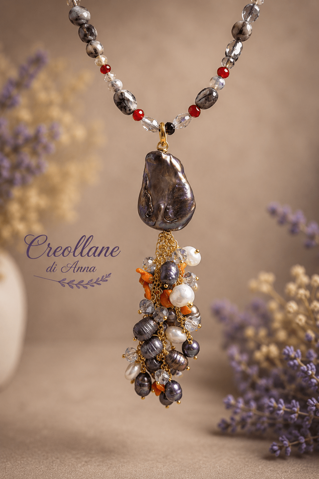 Collane Collana Multifilo Artigianale Handmade | Diaspro Picasso, Perle Naturali, Cristalli ed Elemento Centrale in Perle e Pasta di Corallo | Made in Italy - Handmade Made in Italy