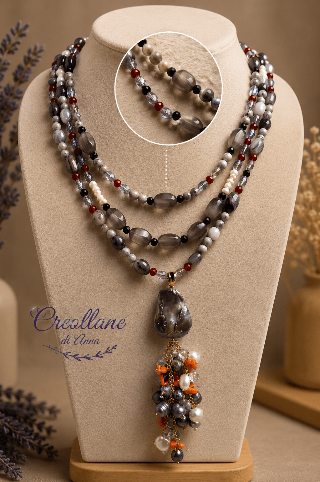 Collane Collana Multifilo Artigianale Handmade | Diaspro Picasso, Perle Naturali, Cristalli ed Elemento Centrale in Perle e Pasta di Corallo | Made in Italy - Handmade Made in Italy