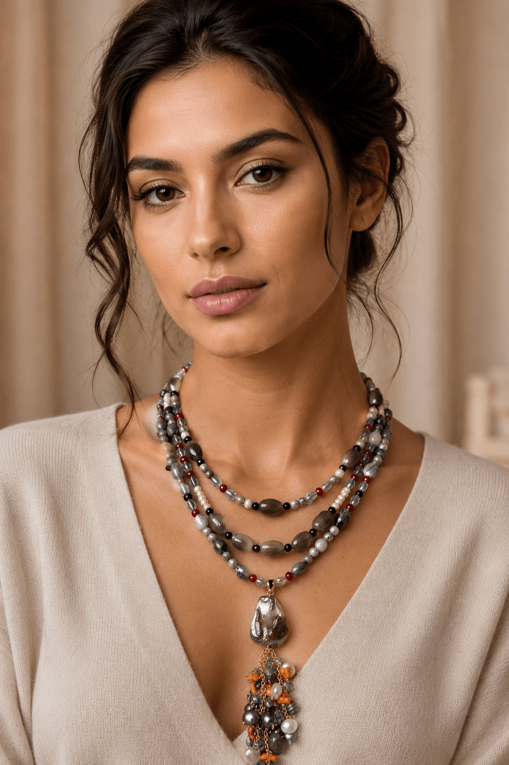 Collane Collana Multifilo Artigianale Handmade | Diaspro Picasso, Perle Naturali, Cristalli ed Elemento Centrale in Perle e Pasta di Corallo | Made in Italy - Handmade Made in Italy